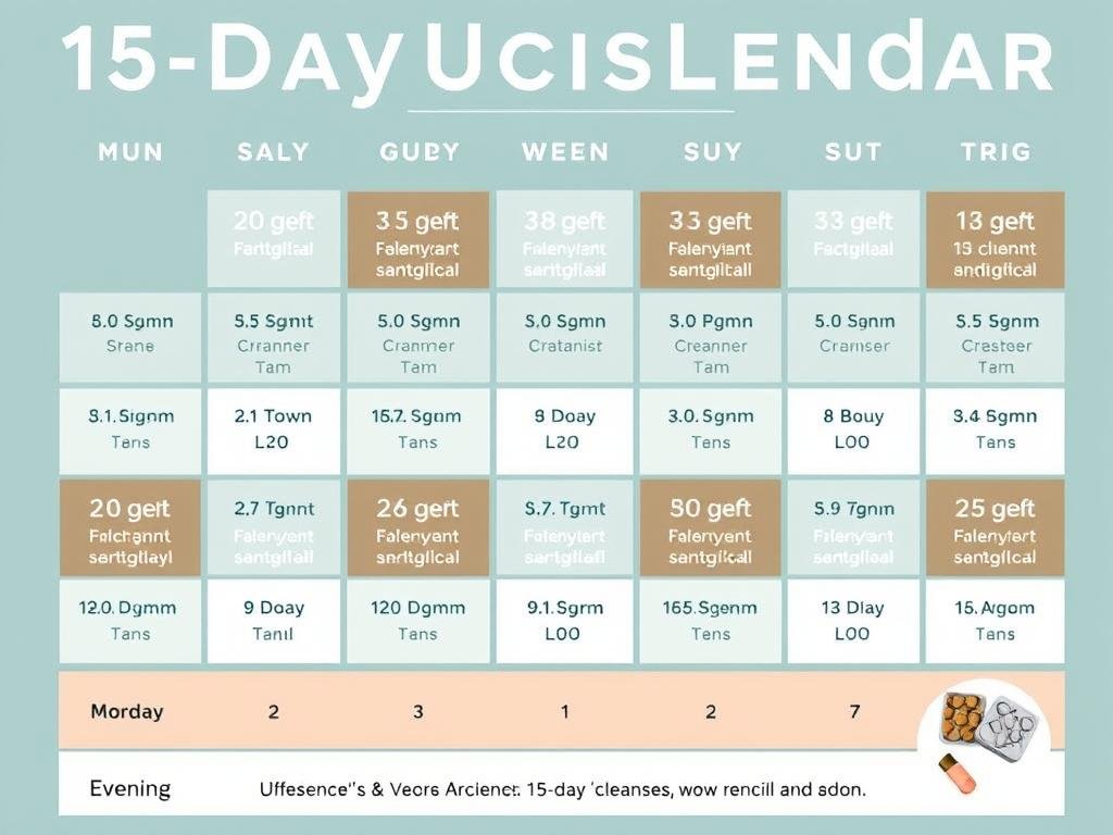 Calendario de 15 días mostrando el programa de uso de las pastillas 15 day cleanse Calendario de 15 días mostrando el programa de uso de las pastillas 15 day cleanse