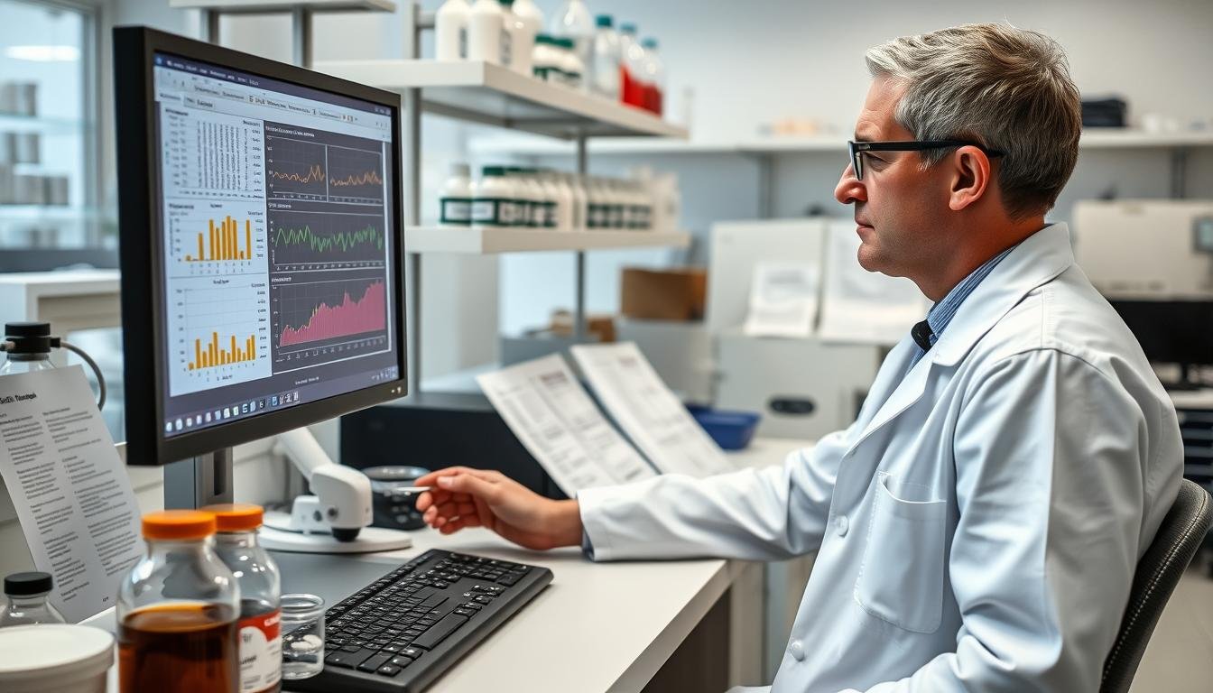 Científico en laboratorio analizando muestras relacionadas con estudios sobre enemas de café