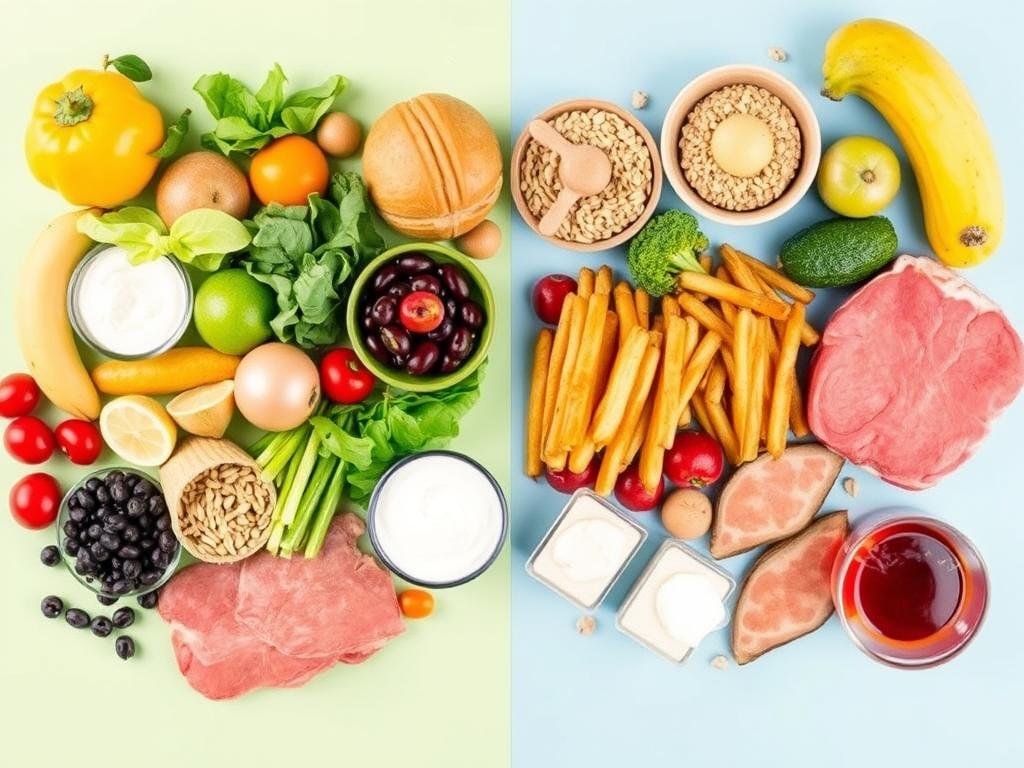 Comparación visual entre alimentos beneficiosos y perjudiciales para la salud del colon Comparación visual entre alimentos beneficiosos y perjudiciales para la salud del colon