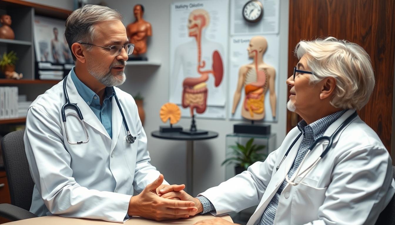 Persona con expresión de bienestar mostrando los beneficios de cómo limpiar el colon Consulta médica sobre problemas intestinales y métodos para limpiar los intestinos de heces rápidamente