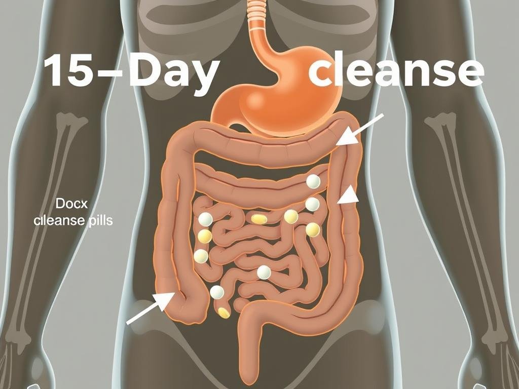 Diagrama del sistema digestivo mostrando cómo actúan las pastillas 15 day cleanse Diagrama del sistema digestivo mostrando cómo actúan las pastillas 15 day cleanse