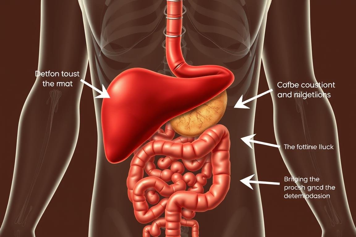 Ilustración del hígado y sistema digestivo mostrando el supuesto proceso de desintoxicación