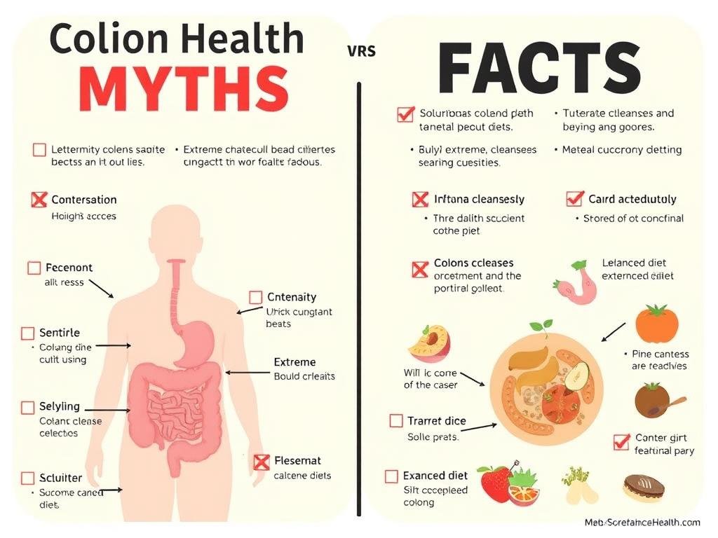 Ilustración que contrasta mitos y realidades sobre la salud del colon Ilustración que contrasta mitos y realidades sobre la salud del colon