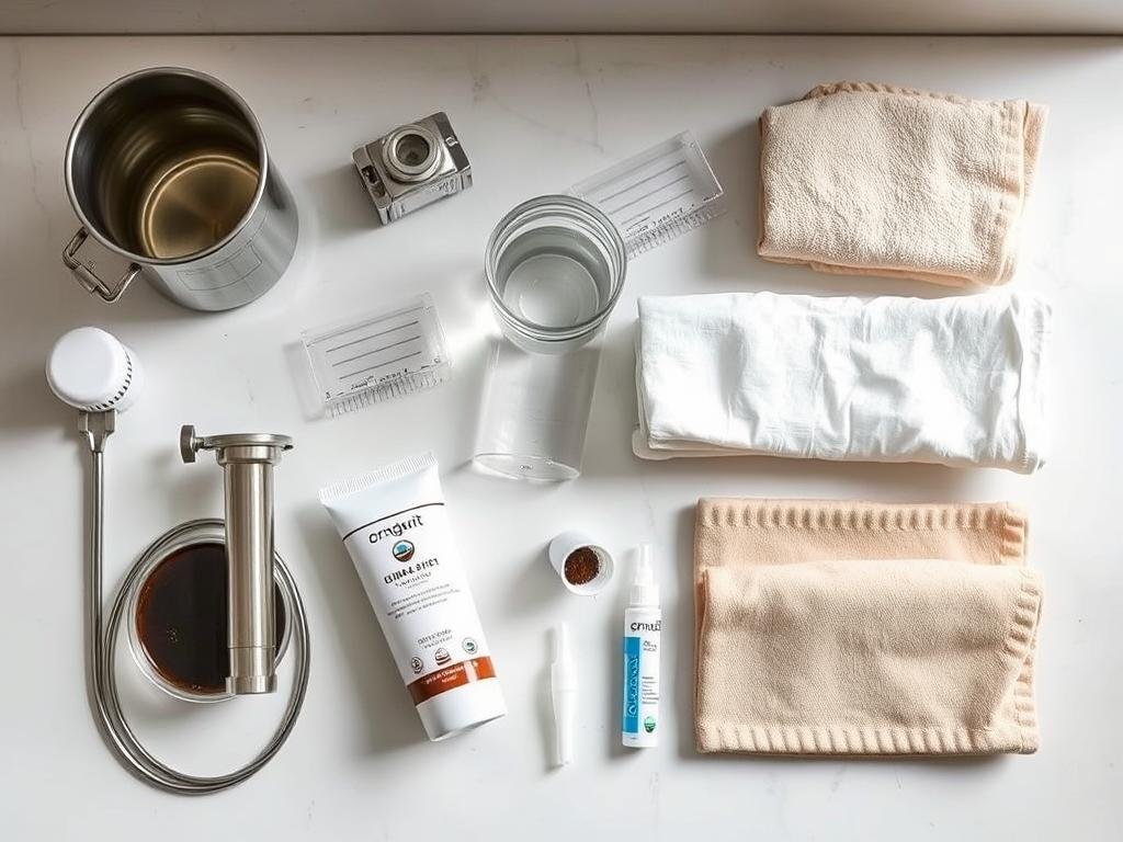 Materiales necesarios para un enema de café dispuestos sobre una superficie