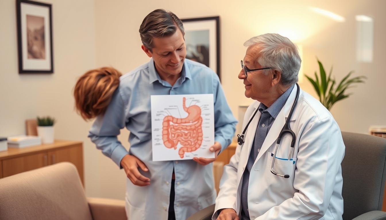 Médico explicando a un paciente la importancia de los chequeos preventivos del colon Médico explicando a un paciente la importancia de los chequeos preventivos del colon
