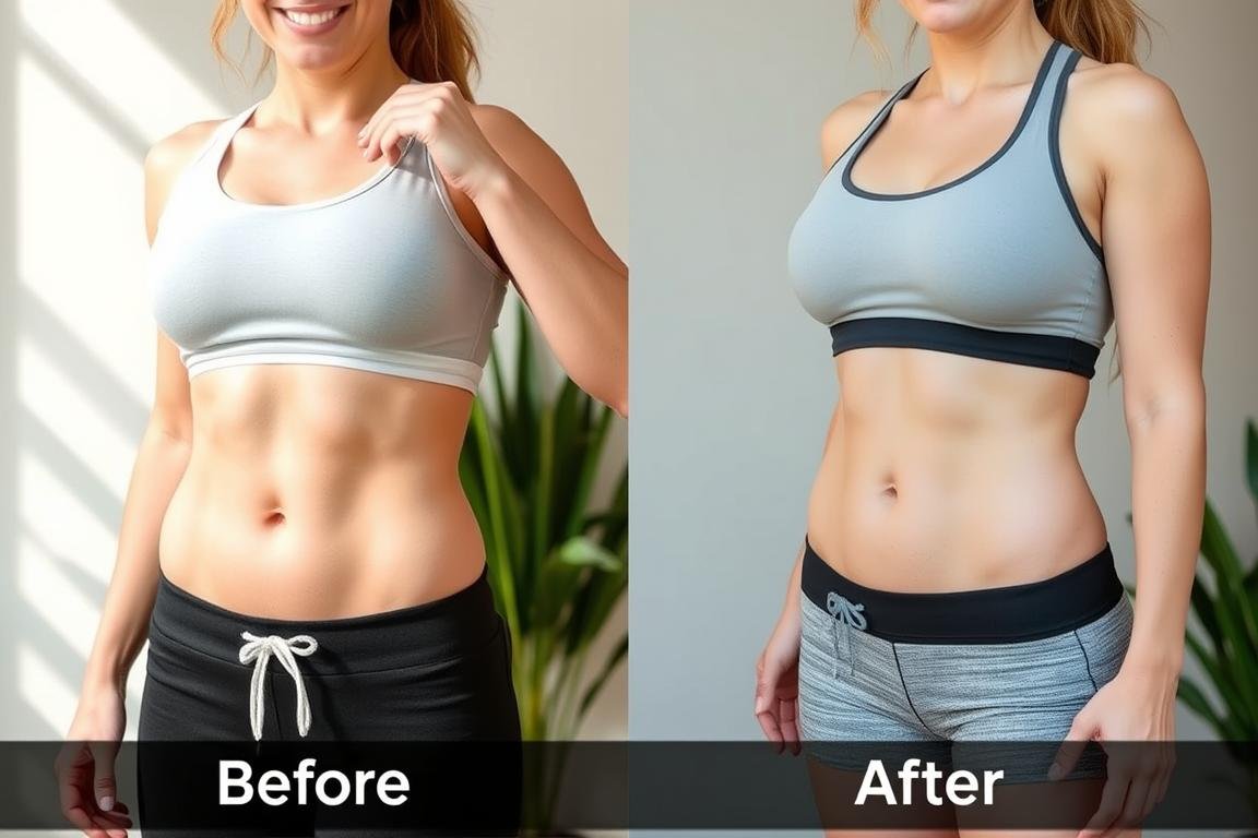 Mujer sonriente mostrando su vientre plano después de usar pastillas 15 day cleanse Mujer sonriente mostrando su vientre plano después de usar pastillas 15 day cleanse