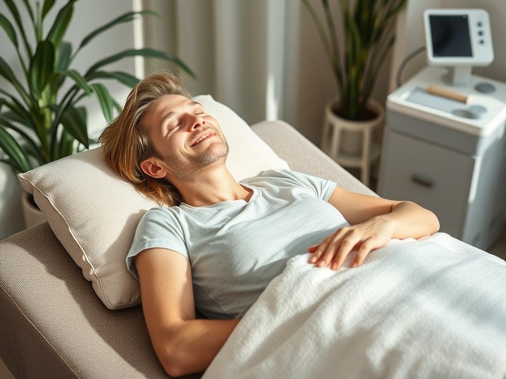 Person relaxing after a coffee enema treatment, appearing refreshed Person relaxing after a coffee enema treatment, appearing refreshed