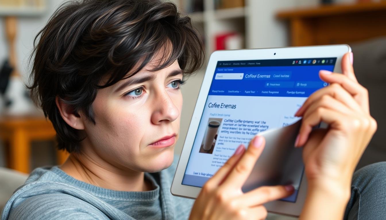 Persona consultando información sobre enemas de café en un dispositivo