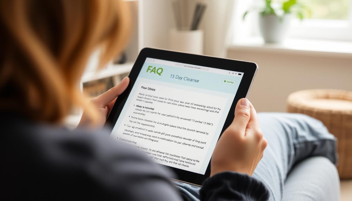 Persona consultando información sobre pastillas 15 day cleanse en una tableta Persona consultando información sobre pastillas 15 day cleanse en una tableta