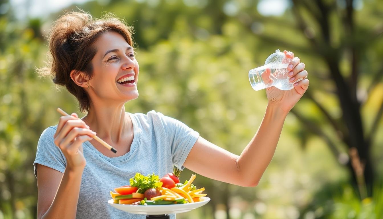 Persona disfrutando de un estilo de vida saludable que beneficia al colon Persona disfrutando de un estilo de vida saludable que beneficia al colon