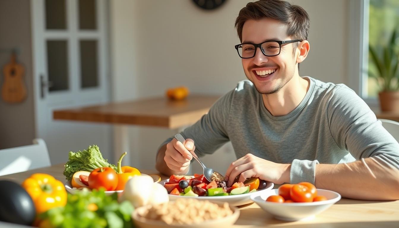 Persona disfrutando de una comida saludable para el colon Persona disfrutando de una comida saludable para el colon