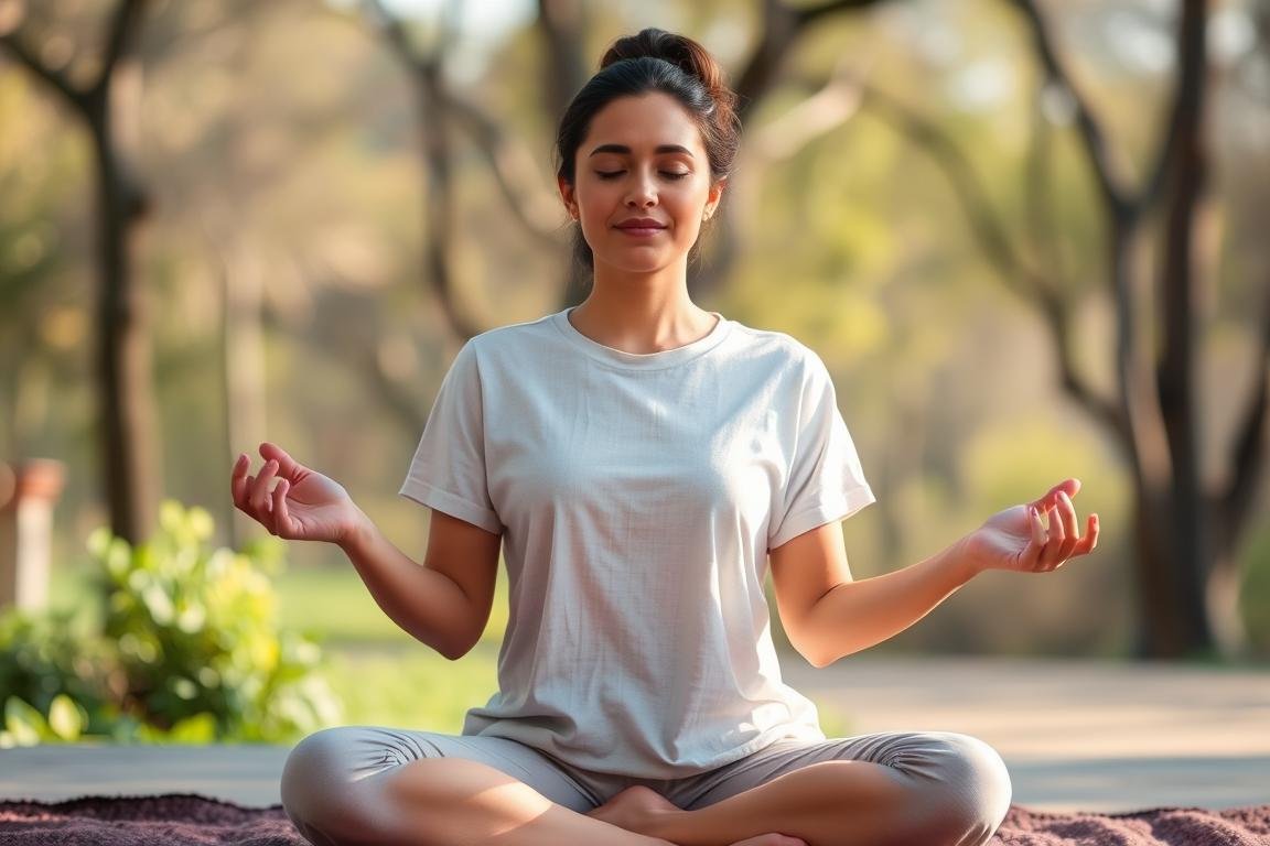 Persona meditando para reducir el estrés y mejorar la salud digestiva Persona meditando para reducir el estrés y mejorar la salud digestiva