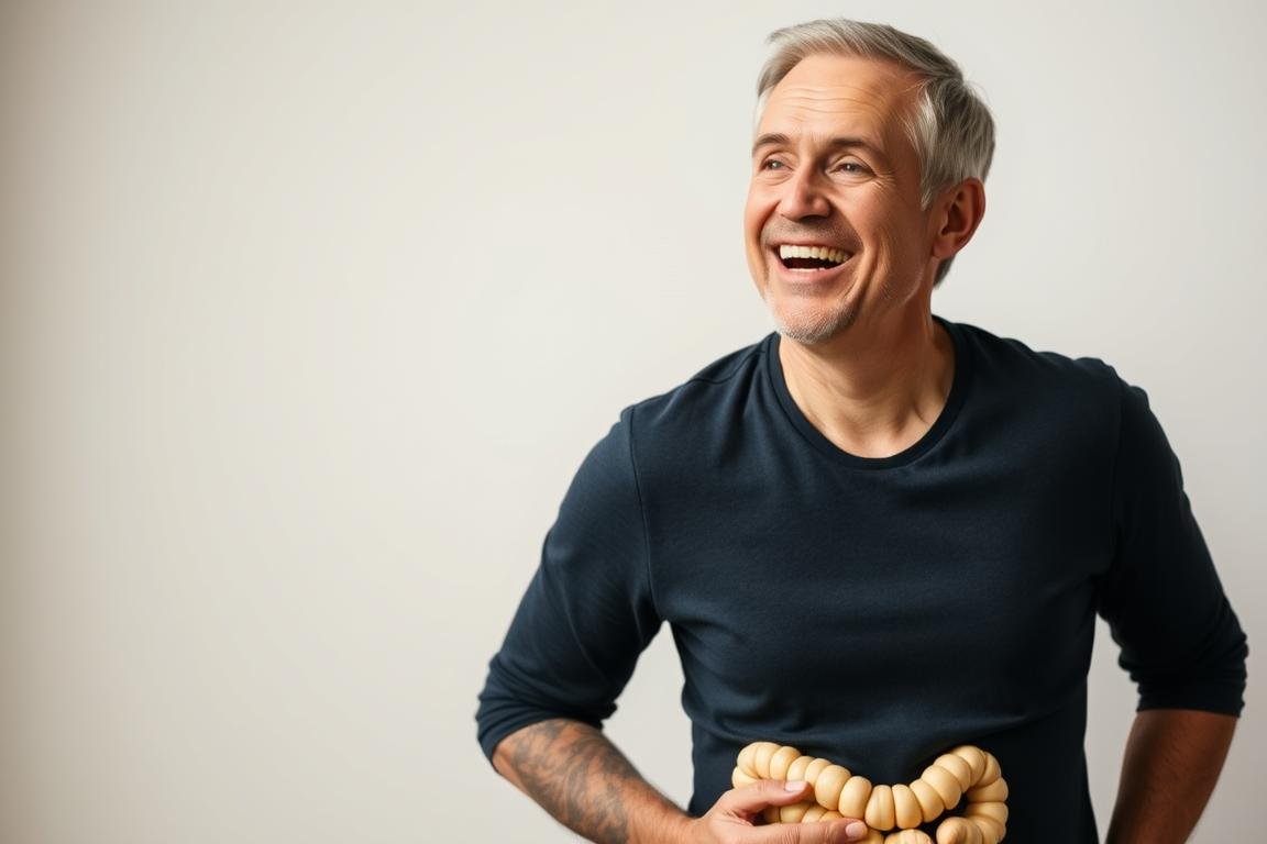 Persona mostrando signos de un colon saludable: energía, buen humor y digestión regular Persona mostrando signos de un colon saludable: energía, buen humor y digestión regular