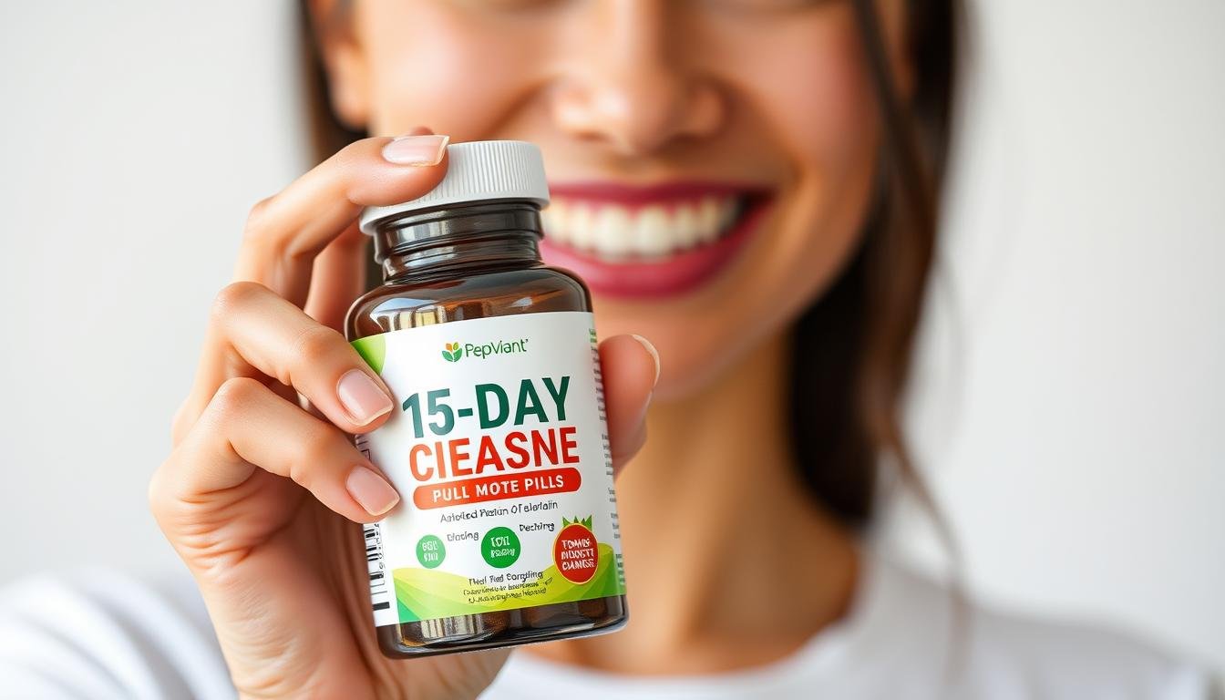 Persona sosteniendo un frasco de pastillas 15 day cleanse con expresión de satisfacción Persona sosteniendo un frasco de pastillas 15 day cleanse con expresión de satisfacción