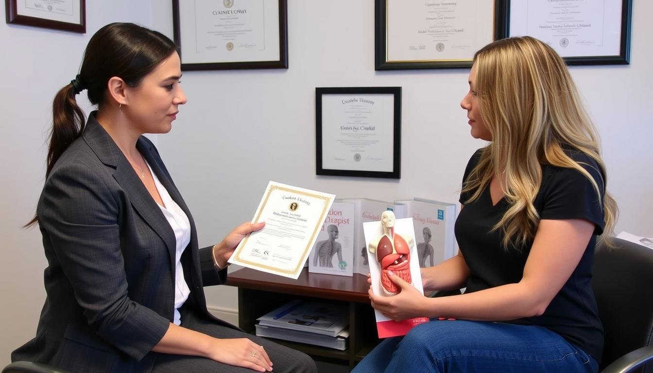 Cliente consultando con un terapeuta certificado sobre hidroterapia de colon Cliente consultando con un terapeuta certificado sobre hidroterapia de colon