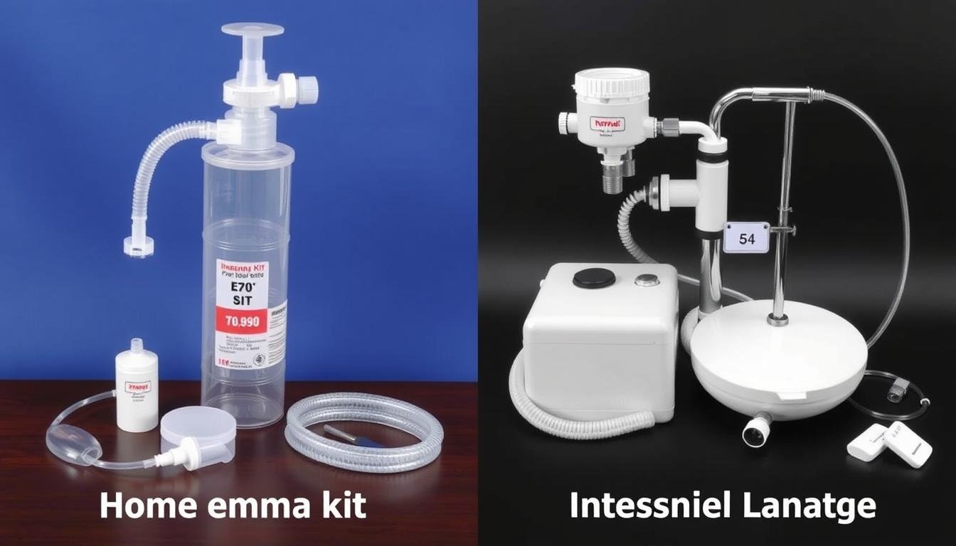 Comparación visual entre kit de lavativa casera y equipo profesional Comparación visual entre kit de lavativa casera y equipo profesional