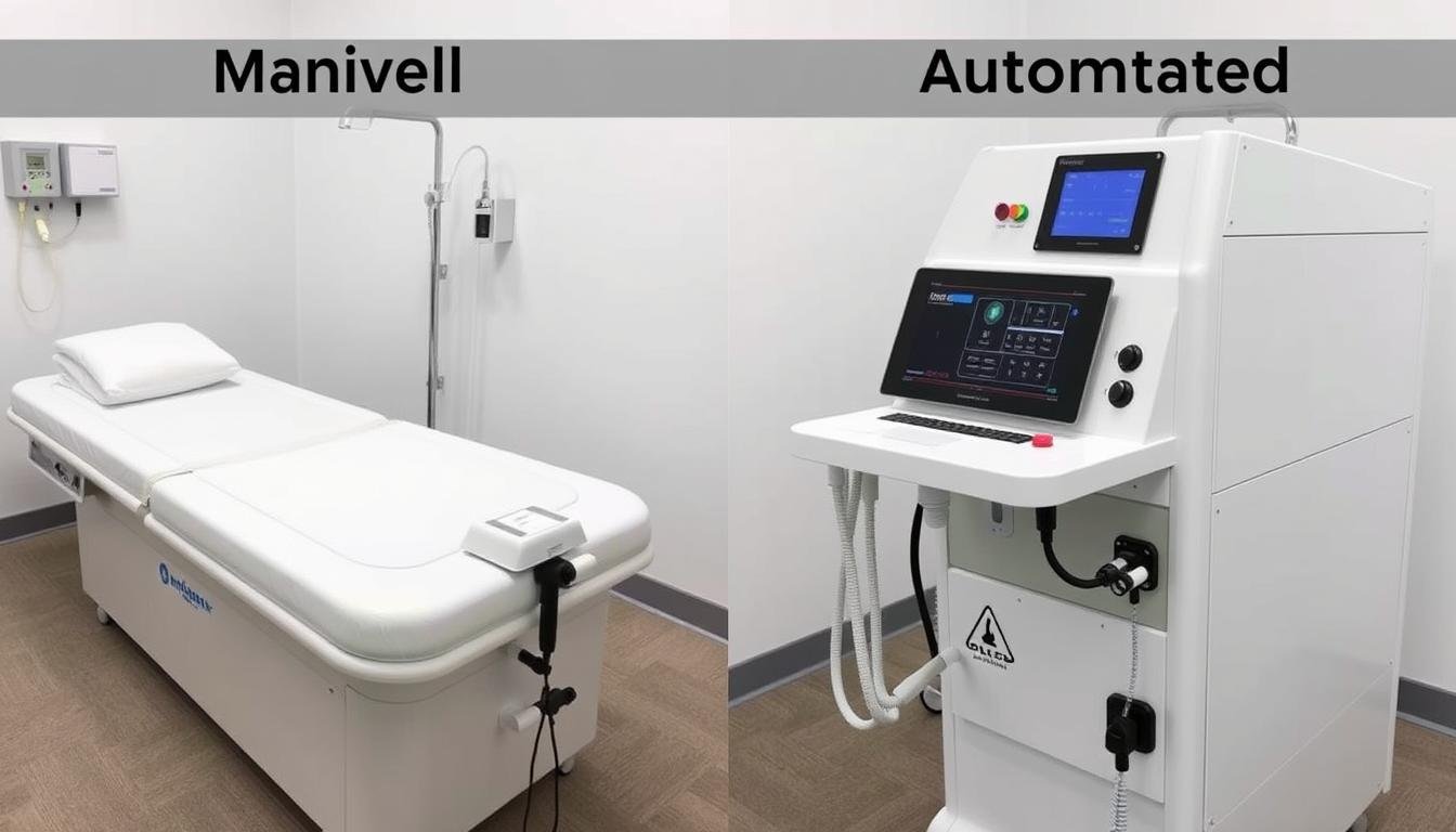 Comparación visual entre sistemas manuales y automatizados de camas para hidroterapia de colon