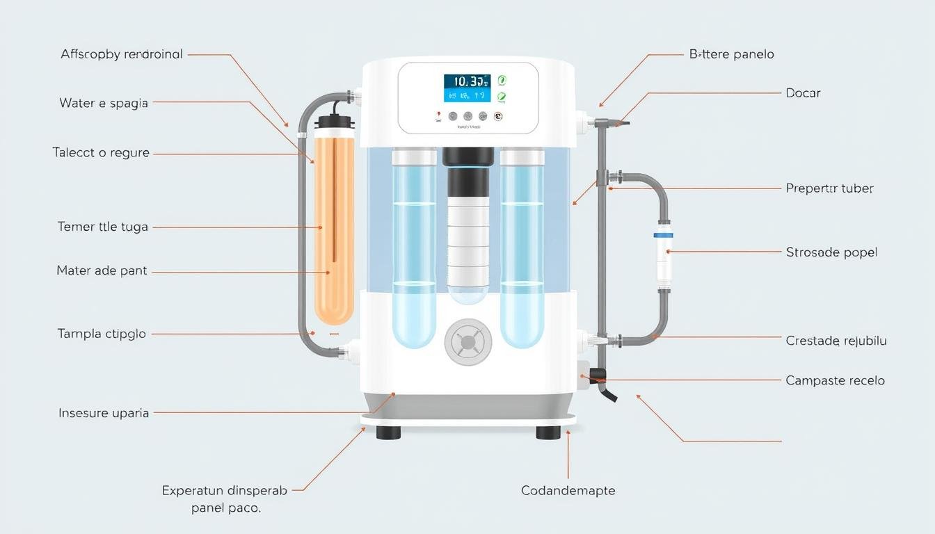 Componentes de una máquina para hidroterapia de colon con etiquetas explicativas Componentes de una máquina para hidroterapia de colon con etiquetas explicativas