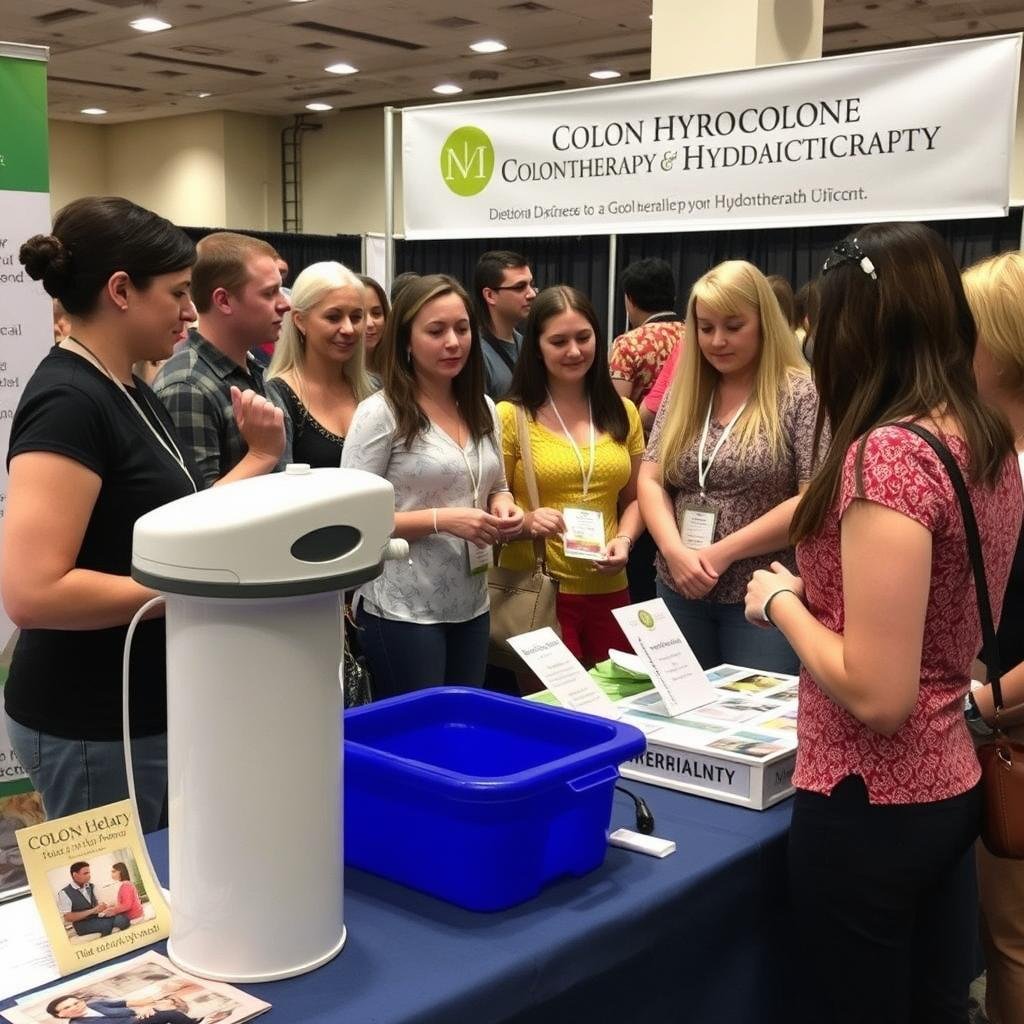 Demostración de hidroterapia de colon con equipo portátil en una feria de salud y bienestar