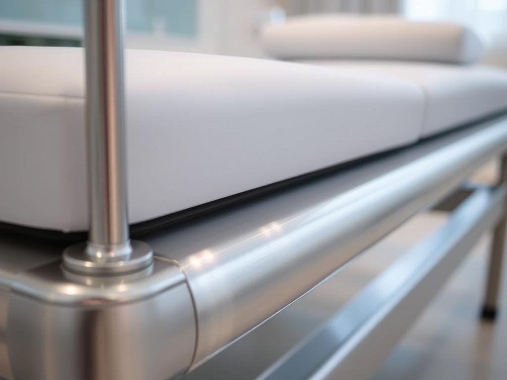 Detalle de materiales de acero inoxidable en cama para hidroterapia de colon