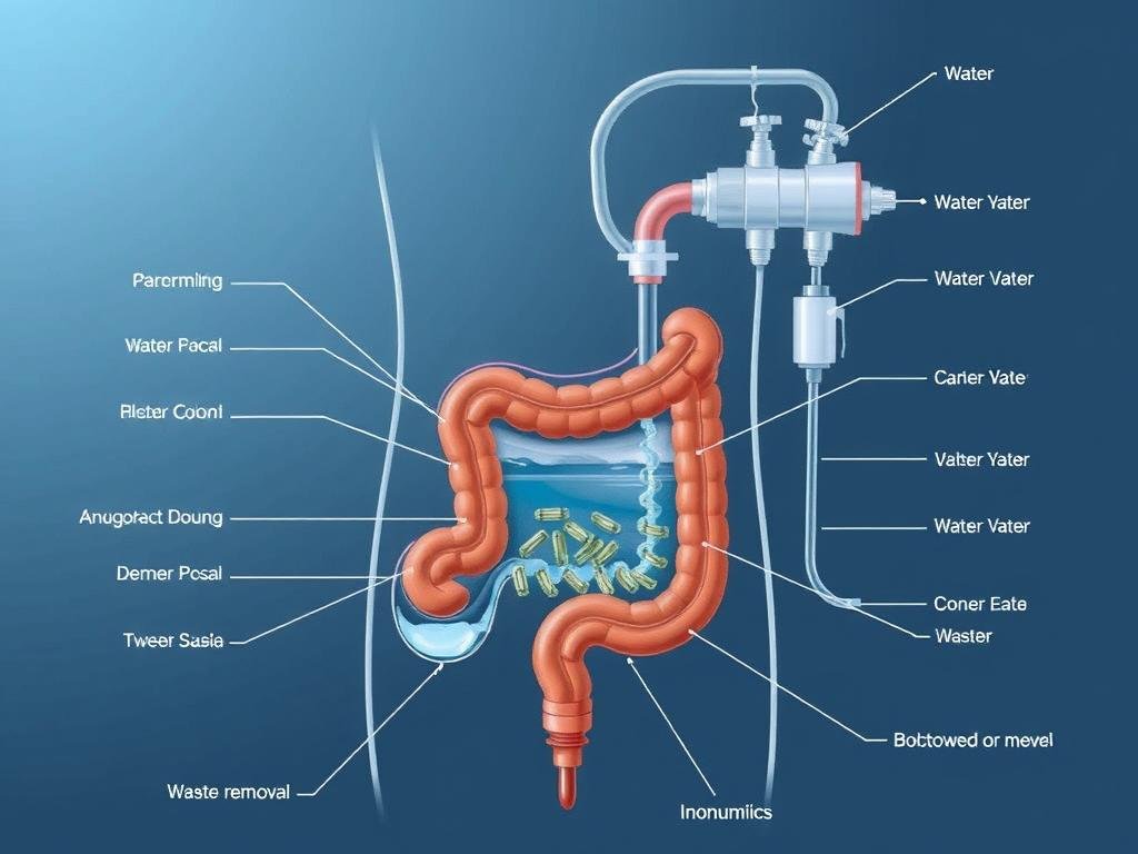 Diagrama del proceso de Hidroterapia de Colon mostrando el flujo de agua