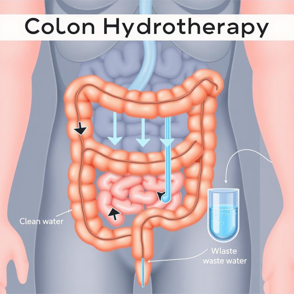 Diagrama del proceso de hidroterapia de colon mostrando el flujo de agua