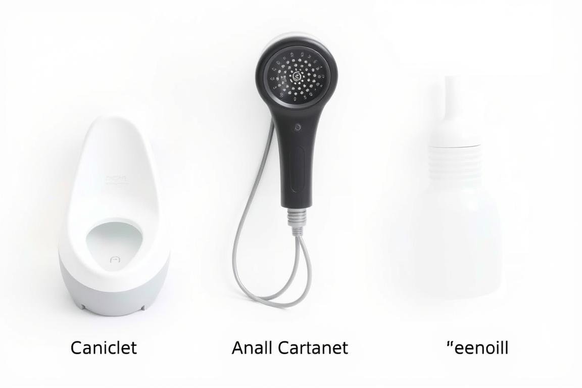 Diferentes tipos de aparatos para lavar el ano: bidé portátil, ducha anal y enema Diferentes tipos de aparatos para lavar el ano: bidé portátil, ducha anal y enema
