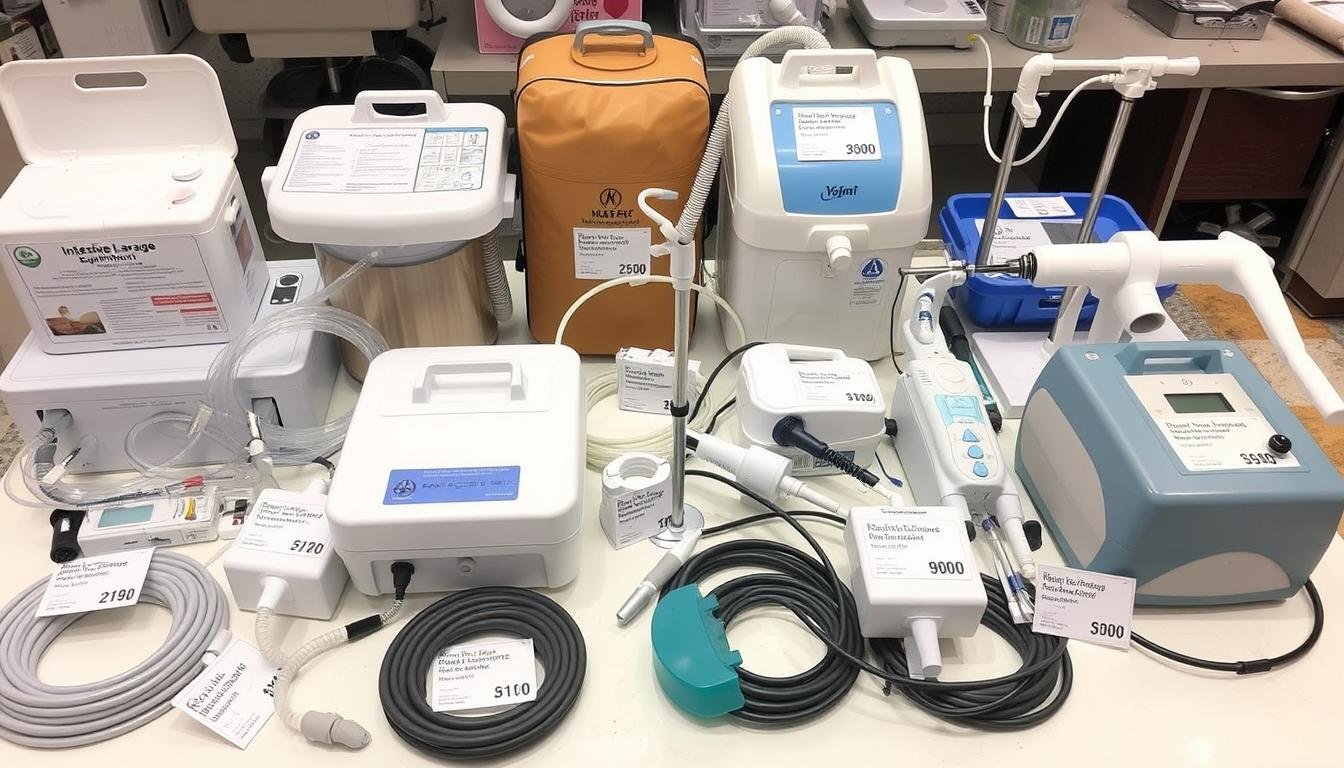 Diferentes tipos de equipos para lavativa intestinal con etiquetas de precio Diferentes tipos de equipos para lavativa intestinal con etiquetas de precio