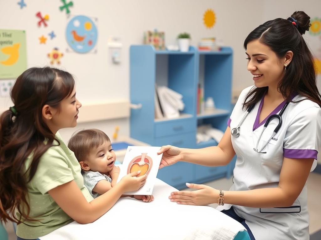 Enfermera explicando el procedimiento de enema a una madre con su hijo Enfermera explicando el procedimiento de enema a una madre con su hijo
