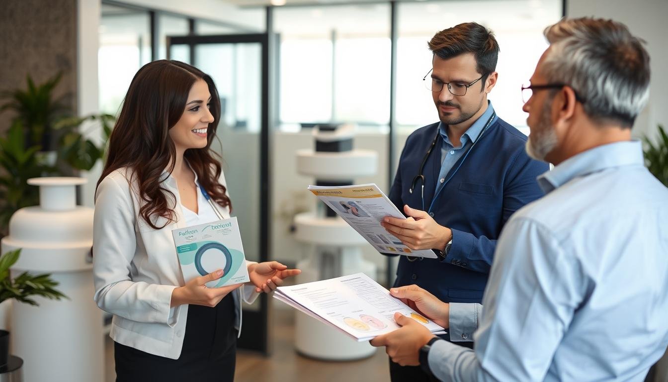 Especialista brindando asesoramiento sobre camas para hidroterapia de colon