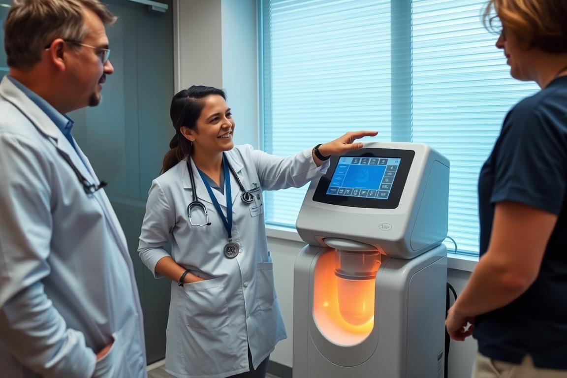 Especialista explicando características de una Máquina de Hidroterapia de Colon