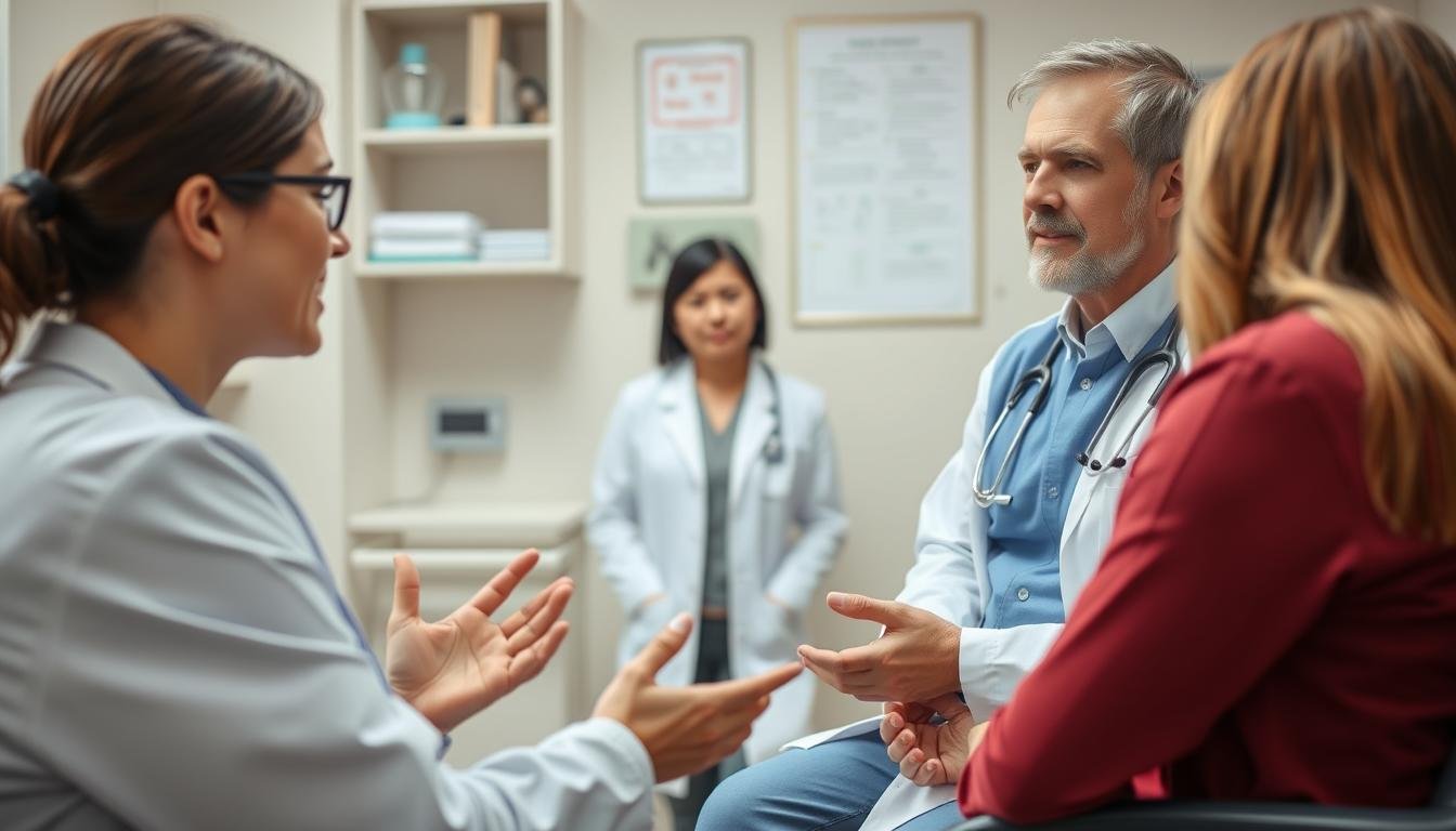 Healthcare professional answering questions about digestive health Healthcare professional answering questions about digestive health