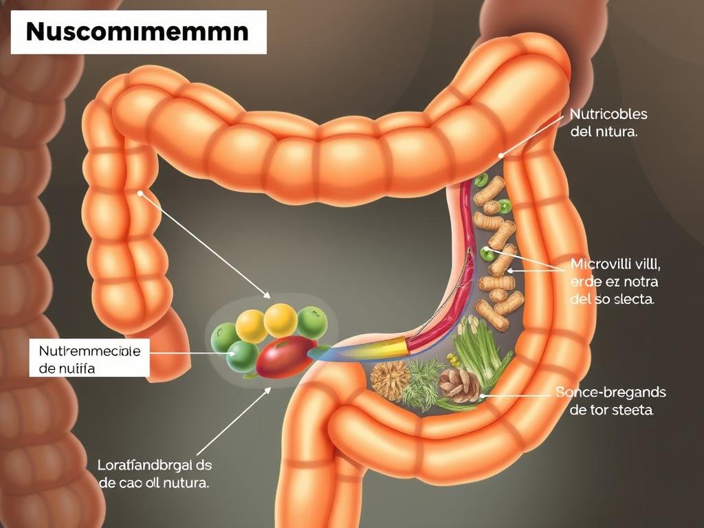 Ilustración de la absorción de nutrientes en el intestino Ilustración de la absorción de nutrientes en el intestino