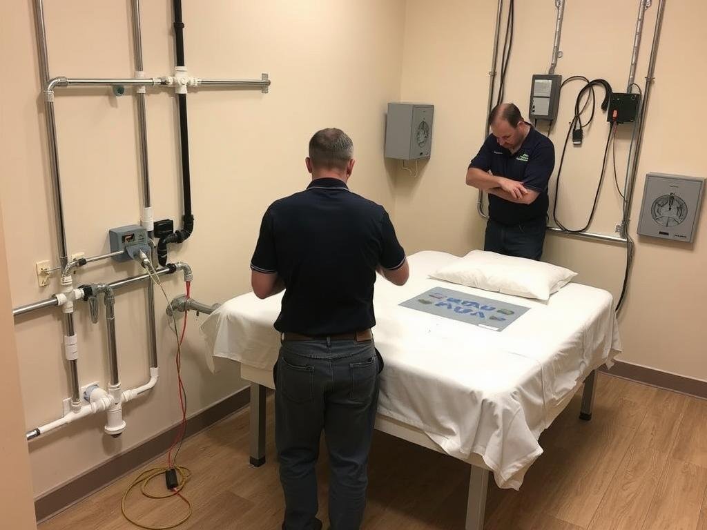 Instalación profesional de una cama para hidroterapia de colon fija con conexiones permanentes