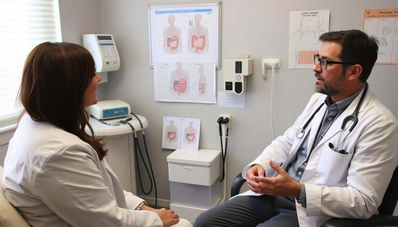 Médico explicando opciones de lavativa intestinal a un paciente Médico explicando opciones de lavativa intestinal a un paciente