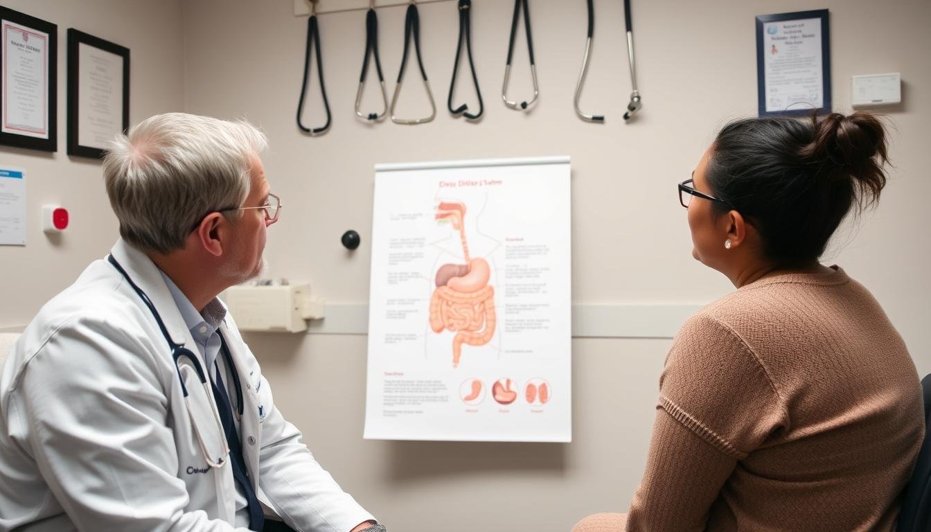 Médico respondiendo preguntas sobre enemas de limpieza Médico respondiendo preguntas sobre enemas de limpieza