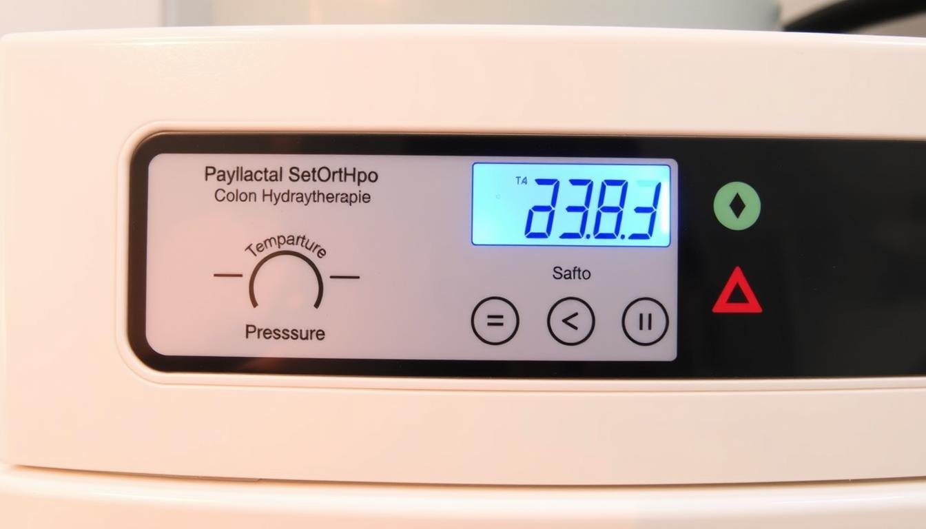 Panel de control de una máquina para hidroterapia de colon mostrando ajustes de temperatura y presión Panel de control de una máquina para hidroterapia de colon mostrando ajustes de temperatura y presión