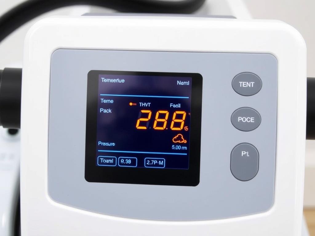 Panel de control digital de máquina para hidroterapia de colon mostrando temperatura y presión Panel de control digital de máquina para hidroterapia de colon mostrando temperatura y presión