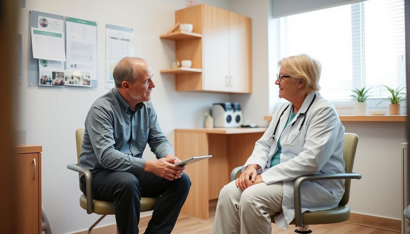 Person discussing health options with a medical professional Person discussing health options with a medical professional