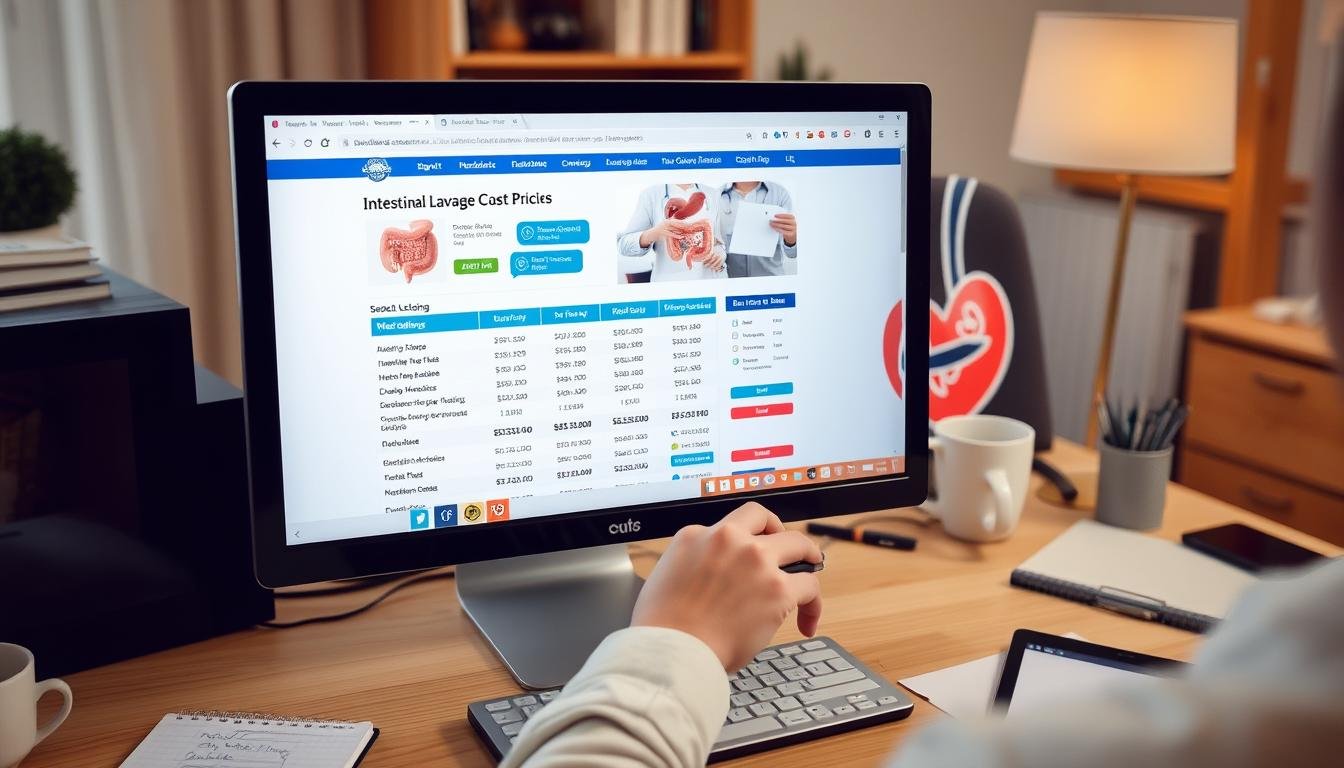 Persona buscando información sobre costos de lavativa intestinal en una computadora Persona buscando información sobre costos de lavativa intestinal en una computadora