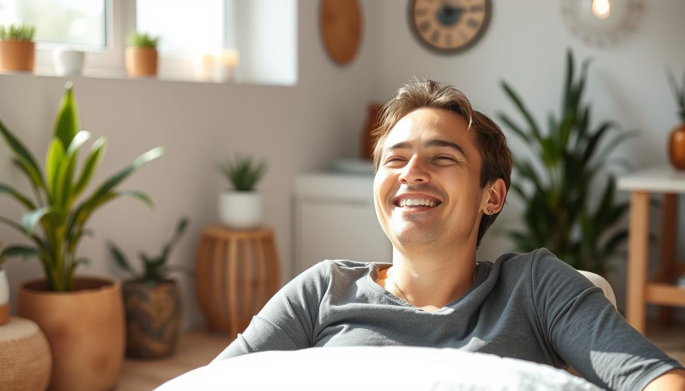 Persona con expresión de bienestar después de una sesión de hidroterapia de colon Persona con expresión de bienestar después de una sesión de hidroterapia de colon