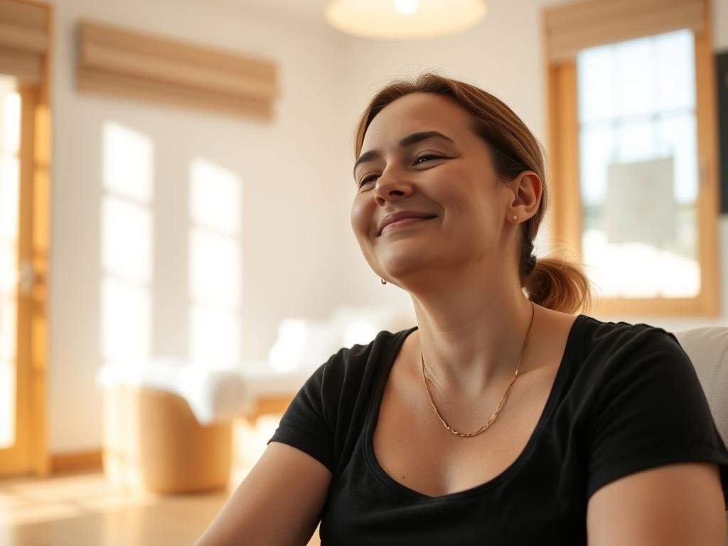 Persona experimentando sensación de bienestar después de una sesión de hidroterapia de colon Persona experimentando sensación de bienestar después de una sesión de hidroterapia de colon