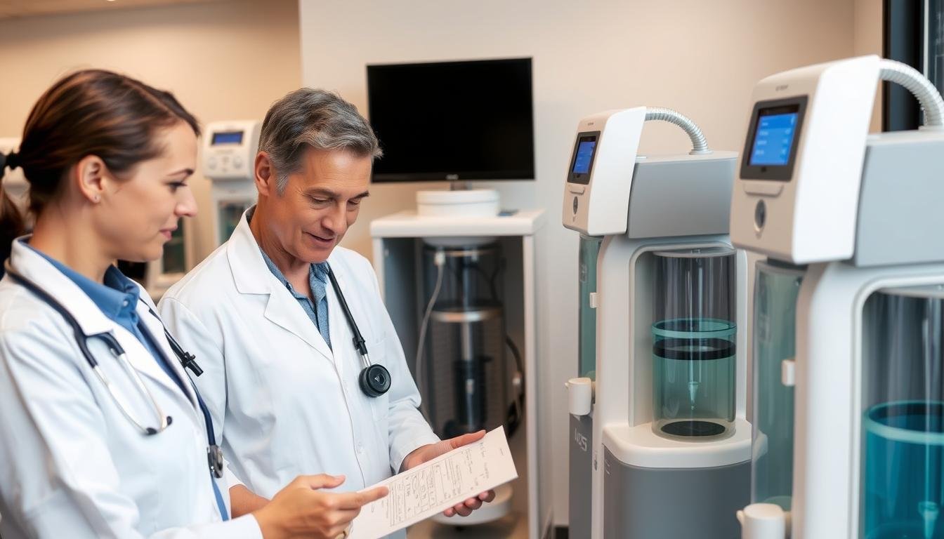 Profesional de la salud evaluando diferentes modelos de máquinas de hidroterapia Profesional de la salud evaluando diferentes modelos de máquinas de hidroterapia