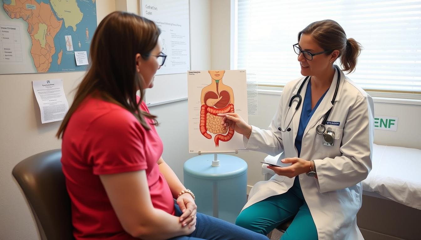Profesional de la salud explicando el procedimiento de hidroterapia de colon a un paciente Profesional de la salud explicando el procedimiento de hidroterapia de colon a un paciente