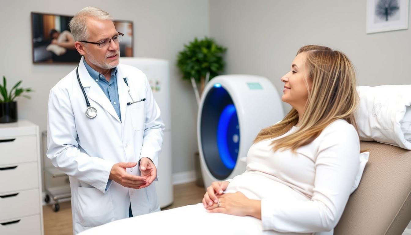 Profesional de la salud explicando los beneficios de la Máquina de Hidroterapia de Colon a un paciente