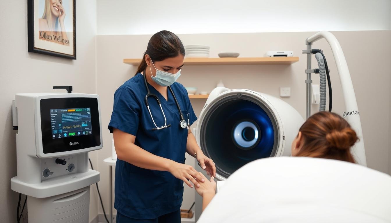 Profesional de la salud utilizando una moderna máquina para hidroterapia de colon