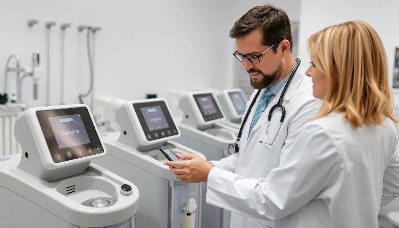 Profesional evaluando diferentes máquinas para hidroterapia de colon
