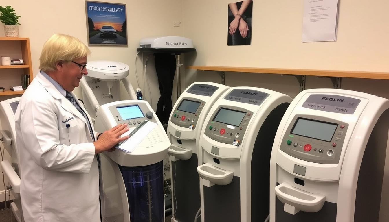 Profesional evaluando diferentes máquinas para hidroterapia de colon Profesional evaluando diferentes máquinas para hidroterapia de colon