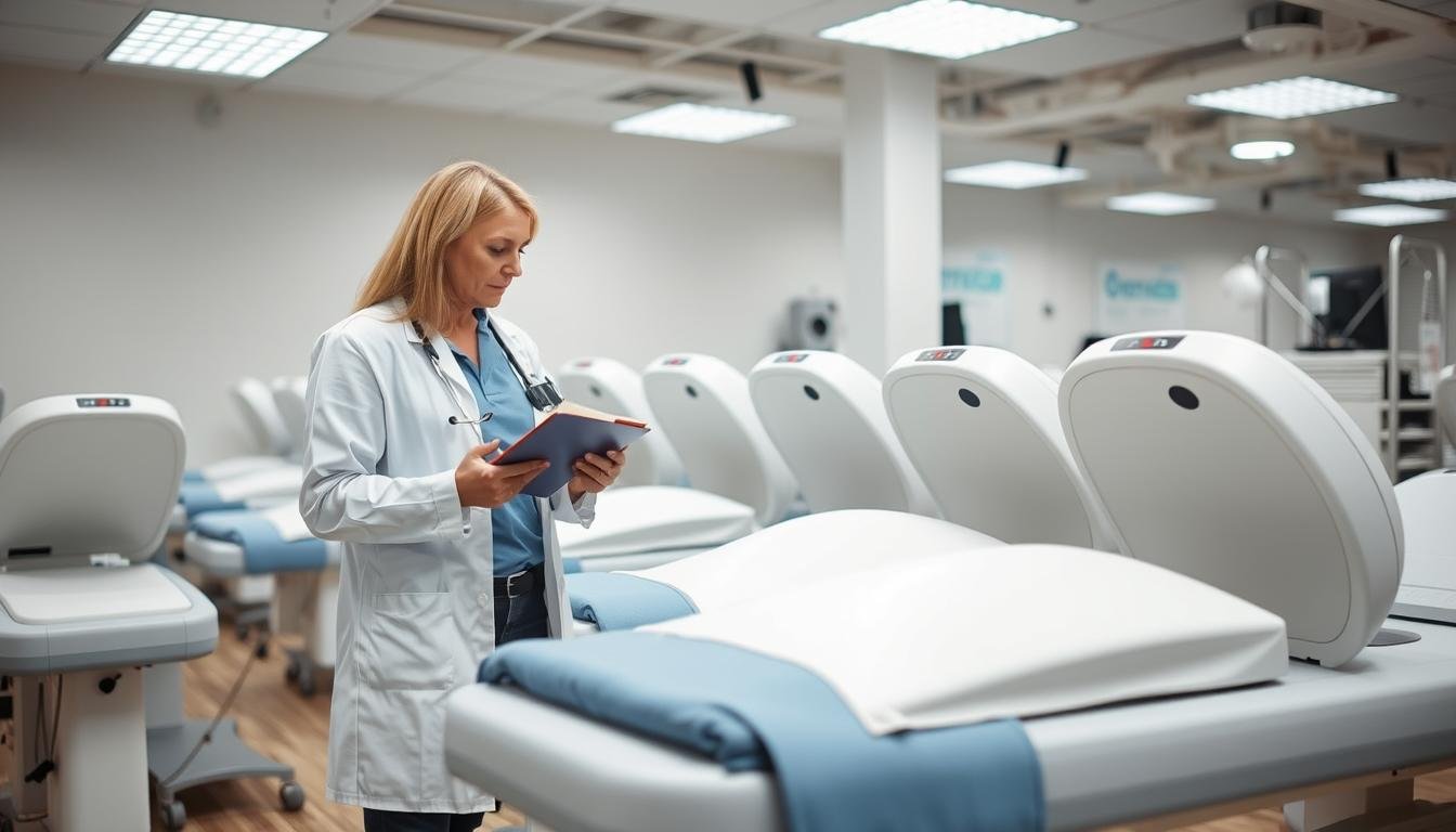 Profesional evaluando diferentes modelos de cama para hidroterapia de colon