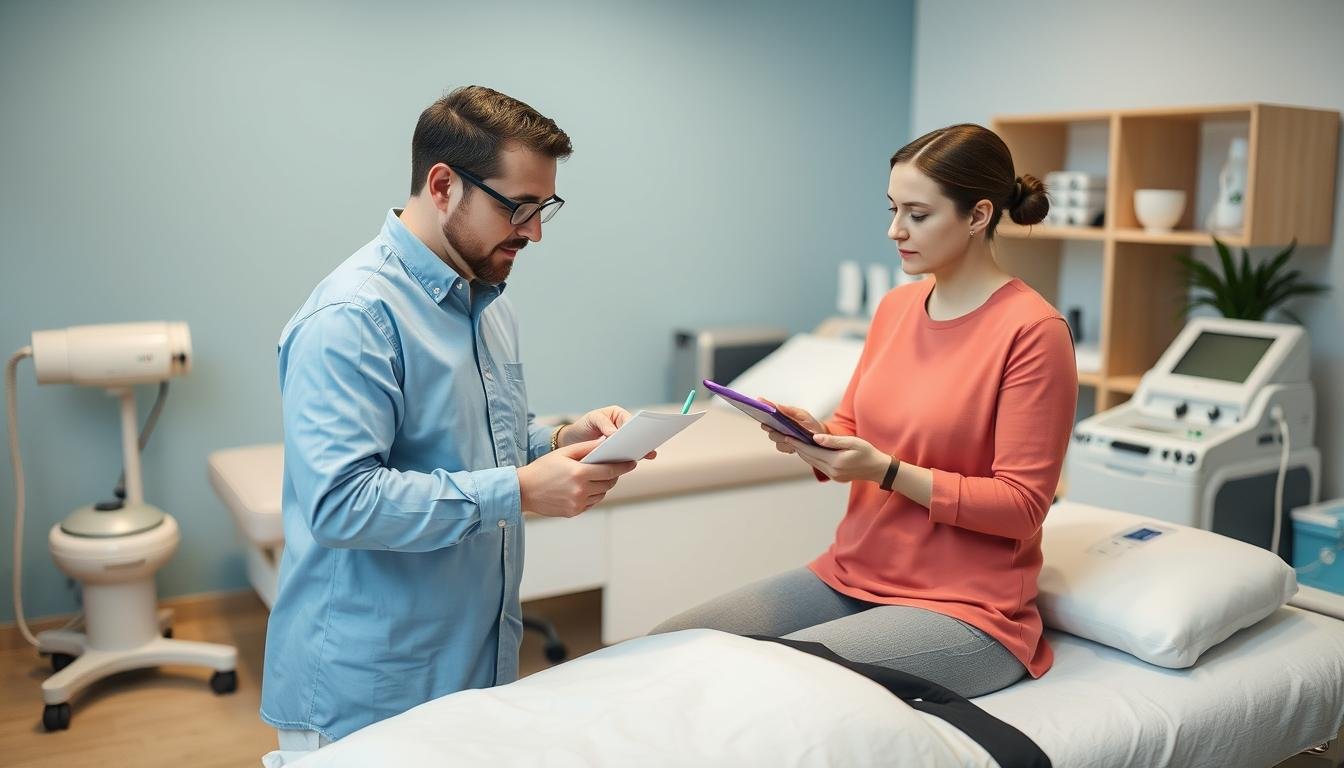 Profesional evaluando diferentes modelos de camas para hidroterapia de colon Profesional evaluando diferentes modelos de camas para hidroterapia de colon